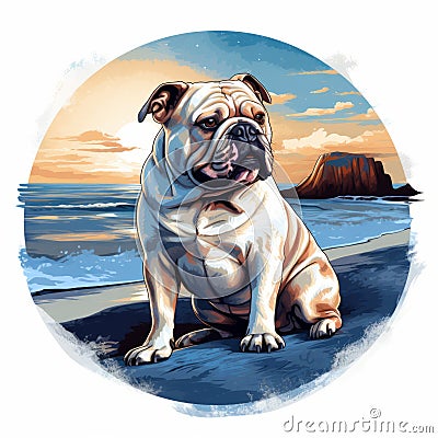 Digital Painting Of A Bulldog Sitting By The Beach Stock Photo