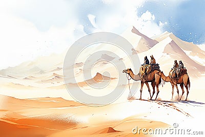 Digital painting of camels caravan in desert, Generative AI Stock Photo
