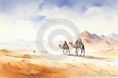 Digital painting of camels caravan in desert, Generative AI Stock Photo