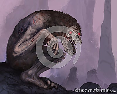 Digital painting of a creepy demon creature in an underground cave with glowing red eyes - digital fantasy illustration Cartoon Illustration