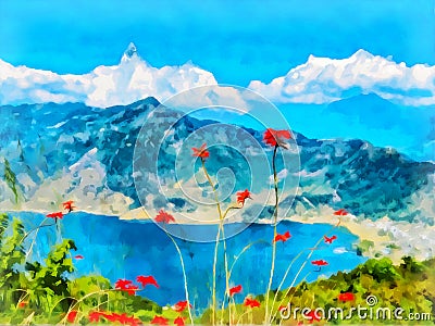 Digital painting. Drawing watercolor. Mountain landscape Stock Photo