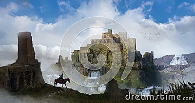 Digital painting of a fantasy castle surrounded by waterfalls with a dangerous adventurer on horseback exploring the environment Cartoon Illustration