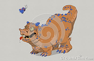 Digital painting of a fantasy dragon dog chasing a butterfly - fantasy illustration Cartoon Illustration