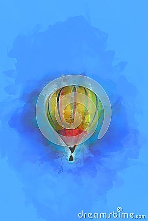 Digital Painting - Flying Hot Air Balloon in Blue Sky Stock Photo