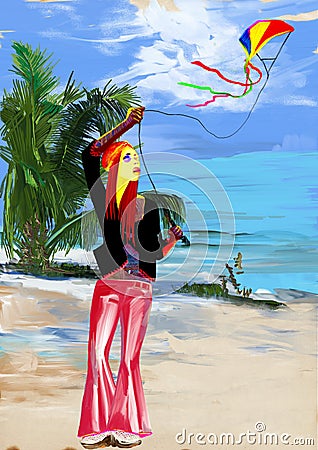 Digital painting: Flying a kite Stock Photo