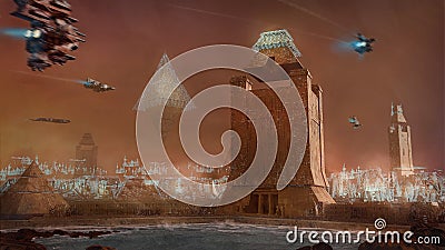 Digital painting of a futuristic sci-fi ancient egyptian temple with space ships flying over head - fantasy illustration Cartoon Illustration