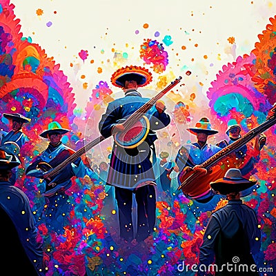 Digital painting of a group of mexican musicians playing musical instruments generative AI Stock Photo