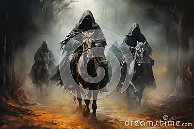 Digital painting of a group of wild horses running in a foggy forest Generative AI Generative AI Stock Photo