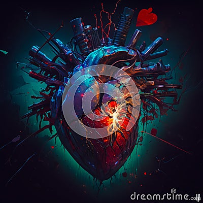 Digital painting of heart with bunch of wires coming out of it. Generative AI Stock Photo