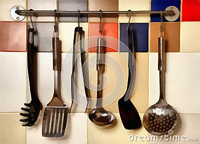 Digital Painting- Kitchen utensils hanging on a colored tile wa Stock Photo