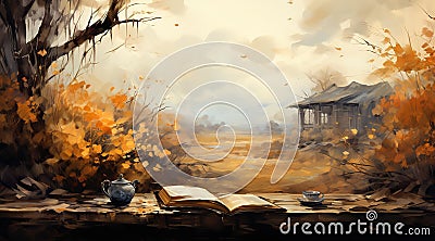Digital painting of a landscape with a gazebo and a cup of tea generative AI Generative AI Stock Photo