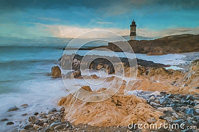 Digital painting of a low tide at the Trwyn Du lighhouse at Penmon Point in Anglesey, North Wales Stock Photo
