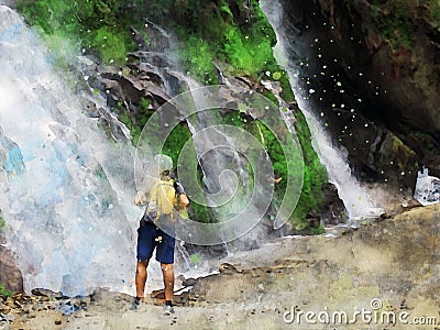 Digital painting of a man standing and looking at waterfall Stock Photo