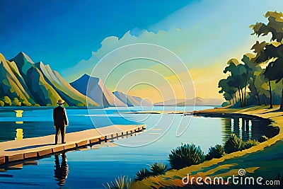 Digital painting of a man standing on a wooden pier on a lake Cartoon Illustration