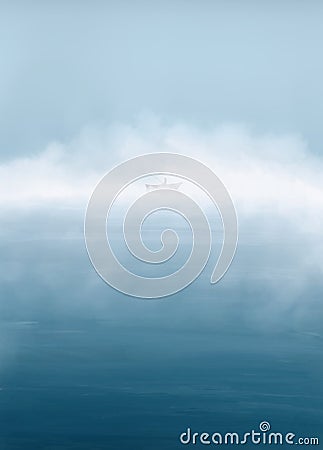 Digital painting. Morning lake with fog and fisher in the boat. Fishing calm background. Stock Photo