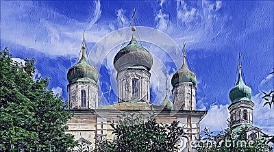 Photoart pictures of old towers of ancient orthodox church of Pereslavl - Zalesskiy in summer Stock Photo