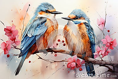 Digital painting of a pair of kingfishers on a branch with flowers Generative AI Generative AI Stock Photo