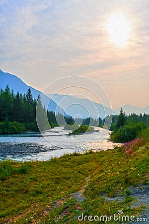 Digital Painting Of The Portage Glacier River In The Chugach Mountains in Alaska Off The Seward Highway Stock Photo