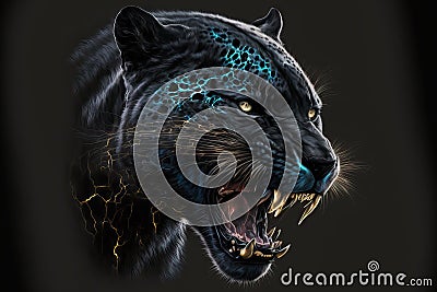 Digital painting of a roaring black panther on a black background Stock Photo