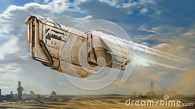 Digital painting of a rusty space ship flying through a desert with a nearby alien city in the background - fantasy 3d Cartoon Illustration