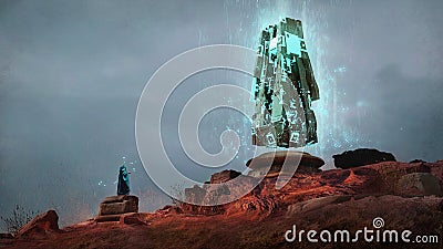 Digital painting of a sci-fi obelisk on a hill with a person wearing a cloak conducting a ritual - Fantasy 3d illustration Cartoon Illustration