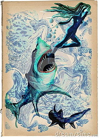 Digital Painting: Shark Attack Stock Photo