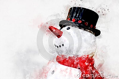 Digital painting of smiley snowman, watercolor style Stock Photo