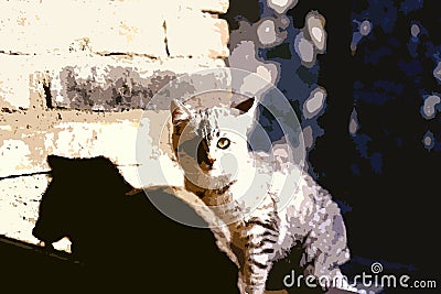 Digital painting style representing a young gray striped cat on a low wall Stock Photo