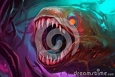 Digital painting of a toothy cyclops creature in an abstract environment - fantasy illustration concept - Generative AI Cartoon Illustration