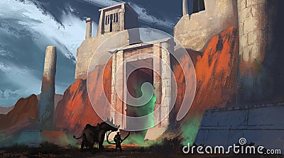 Digital painting of a traveler with a sword approaching a mysterious temple gate emitting glowing green mist - fantasy Cartoon Illustration