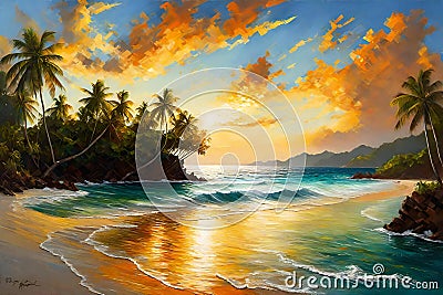 Digital painting of a tropical beach with palm trees at sunset, Seychelles Cartoon Illustration