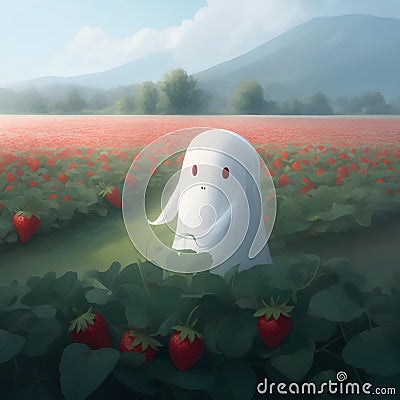A digital painting of Walter the lonely ghost in a strawberry field Generative AI Stock Photo