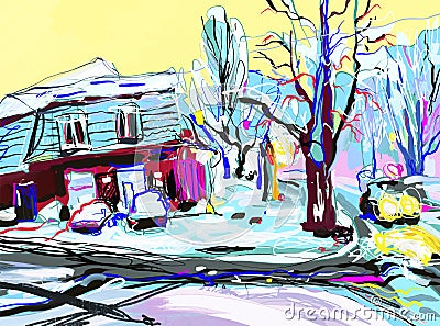 Digital painting of winter magic village landscape, contemporary Vector Illustration