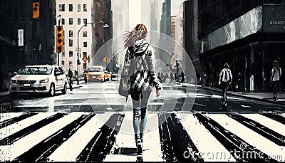 Digital painting of a young woman crossing the road in the city. Stock Photo