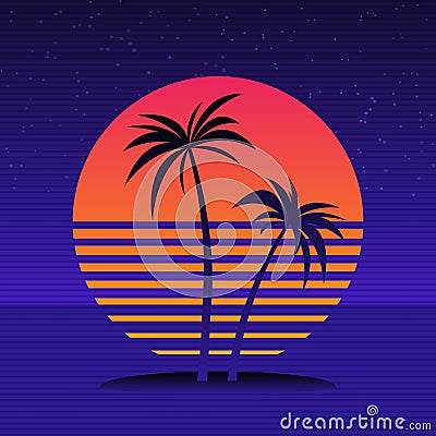 Digital palm tree on a cyber ocean in the computer world. Retro futuristic background 1980s style. Palm trees on the background of Vector Illustration