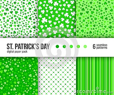 Digital paper pack, 6 abstract patterns, Green clover patterns, St. Patrick Day background. Vector Illustration