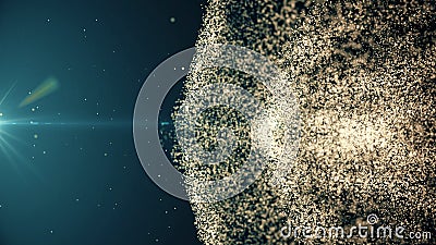 Digital particles floating wave form in the abyss abstract cyber technology de-focus background. Stock Photo