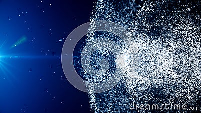 Digital particles floating wave form in the abyss abstract cyber technology de-focus background. Stock Photo