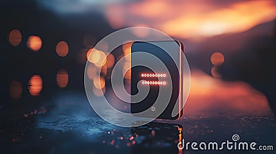 Digital Password Prompt on Floating Device at Sunset Stock Photo