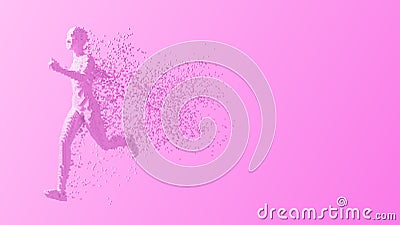 Digital person runs and leaves a trail of 3d pixels on pink background Cartoon Illustration