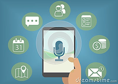 Digital personal assistant concept with speech recognition in order to retrieve emails, instant messages, calendar entries Vector Illustration