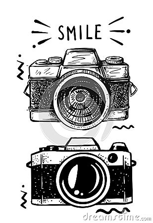 Digital photo camera drawn in sketch on white background Vector Illustration