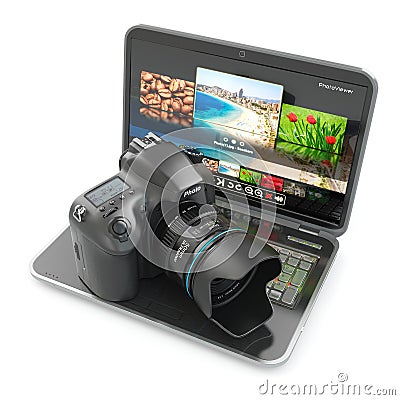 Digital photo camera and laptop. Journalist or traveler equipm Stock Photo