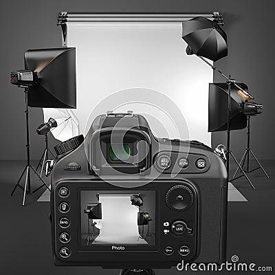 Digital photo camera in studio with softbox and flashes. Stock Photo