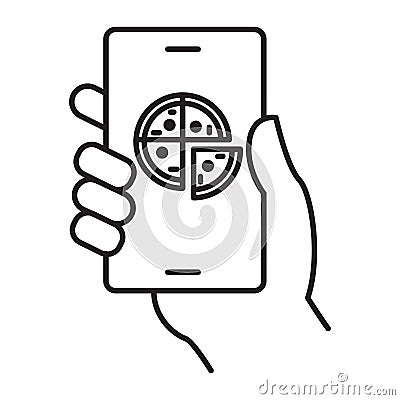 A digital pizza app with a hand and a pizza on the screen, symbolizing pizza selection, smartphone food ordering, and a pizza menu Vector Illustration
