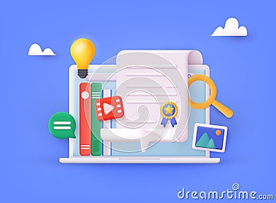 Digital Platforms concept to educational icons on a computer screen, representing online testing and global e-learning Vector Illustration