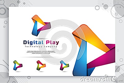 Digital Play vector logo with modern 3d design style and modern color style.digital creative illustration of play icon for Vector Illustration