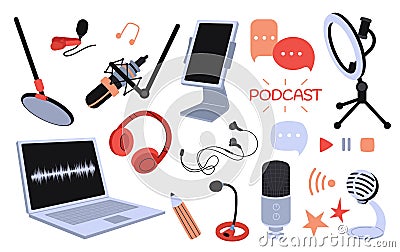 Digital podcast tech equipment. Light, microphone and tablet, laptop and headphones. Streaming live or tv audio show Vector Illustration