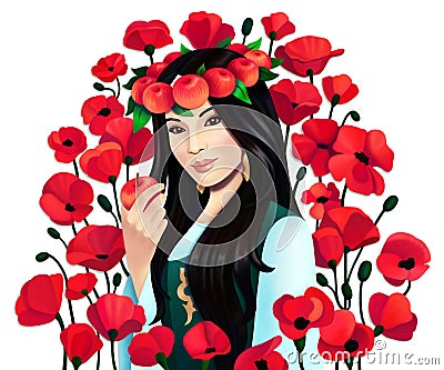 Digital portrait asian woman with apples and poppy flowers on white background, isolated Stock Photo