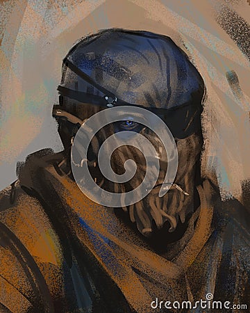 Digital portrait painting of a space pirate with an eye patch and cyber cigarette - fantasy illustration Cartoon Illustration